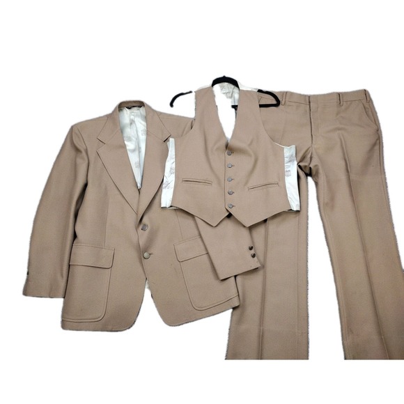 Men's VTG 70s Brown 3 PC Leisure Suit 1970s Disco Polyester Union USA Made READ